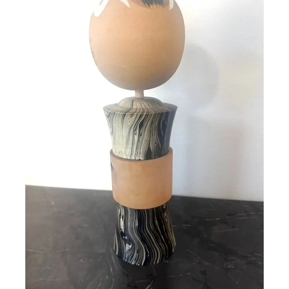 Vintage Japanese Kokeshi Doll Hand Painted Marbled Wood 13.5” Decor